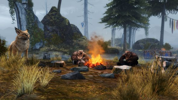 A cozy campfire scene with two kodan companions relaxing alongside their loyal warclaw pet, illustrating the warmth and community within lowland kodan society.