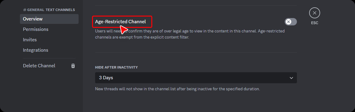 NSFW settings within a Discord channel configuration