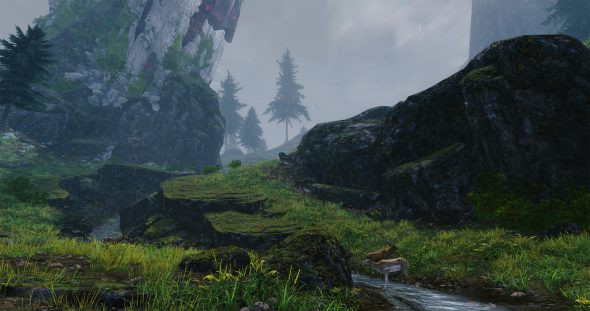 A serene wilderness scene with two deer peacefully drinking from a clear stream, embodying the untouched beauty of Janthir.
