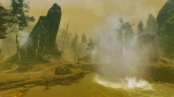 A vibrant yellow landscape dotted with acid pools and plumes of toxic steam, showcasing the perilous and visually striking environments of Janthir.