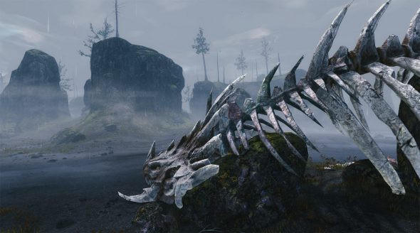 A hauntingly beautiful marsh landscape featuring the colossal skeleton of a fallen creature resting on rugged rocks, hinting at the ancient battles fought in Janthir.