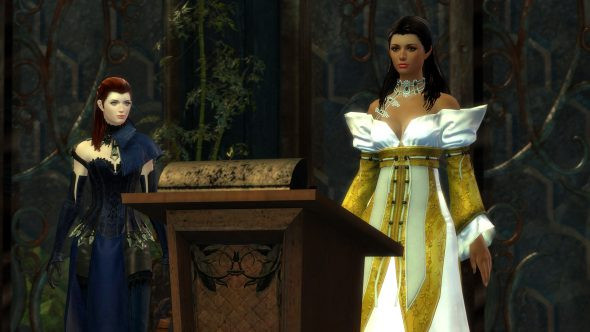 Queen Jennah and Countess Anise standing formally before a podium, representing the political discussions and alliances forming within Tyria.