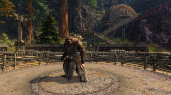 A robust lowland kodan standing proudly in a circular arena, showcasing their strength and connection to the wild.