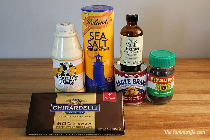 Ingredients for no-churn chocolate ice cream including heavy cream, chocolate, and sweetened condensed milk