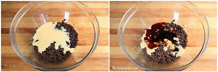 Sweetened condensed milk and other ingredients added to chopped chocolate in a bowl