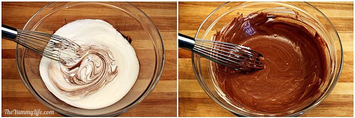 Whisking a portion of whipped cream into the melted chocolate mixture