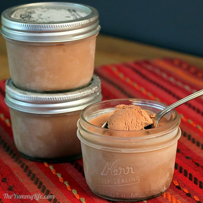 Individual servings of no-churn chocolate ice cream in mason jars ready to eat