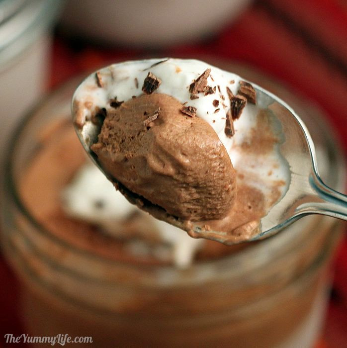 Close up of creamy no-churn chocolate ice cream in a glass bowl