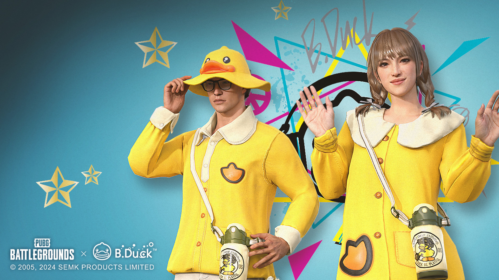 Image showcasing the return of the PUBG x B.Duck series, featuring various duck-themed cosmetic items and characters adorned with B.Duck accessories.