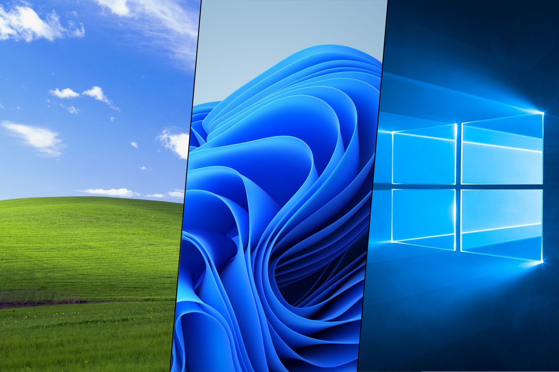 Wallpaper collage from Windows XP, 10, and 11, representing different eras of the Windows operating system.