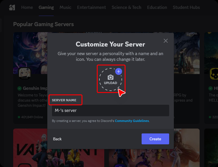 naming your Discord server during creation