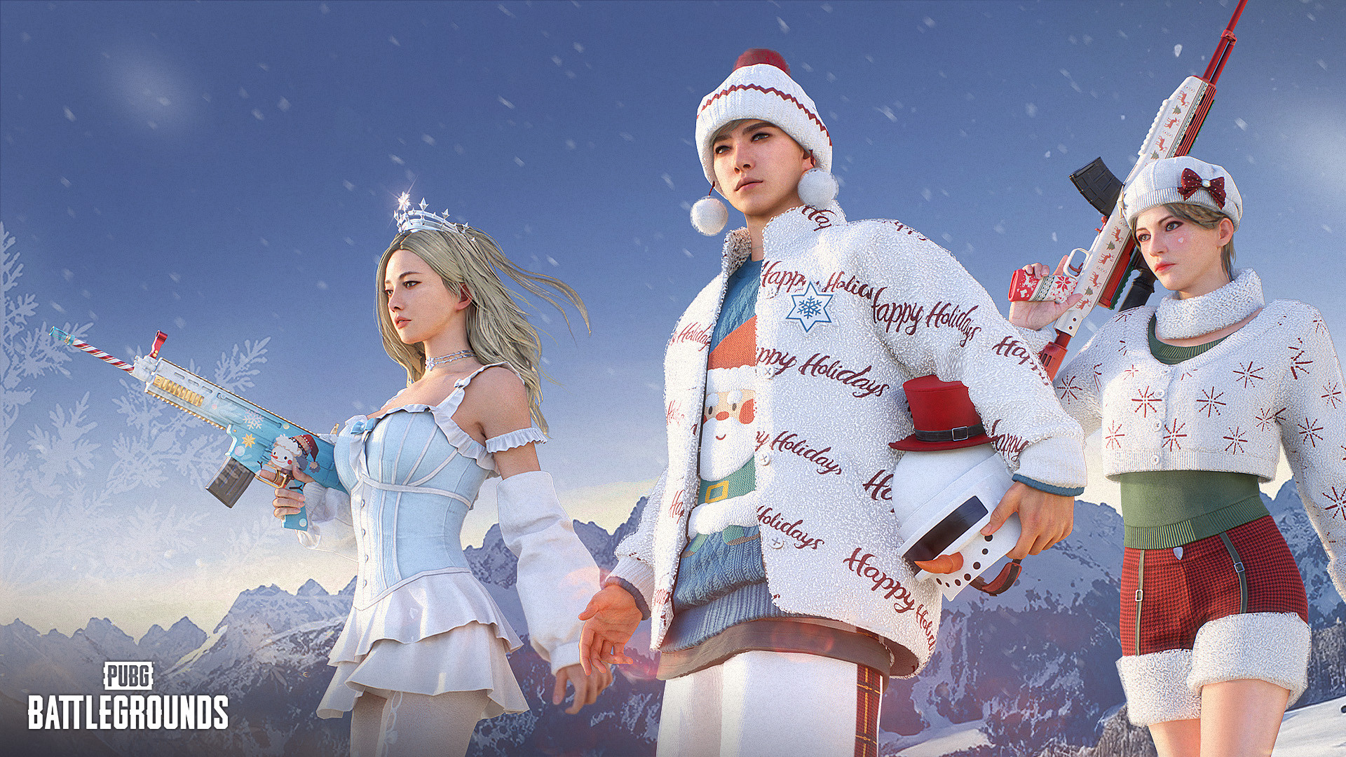 A promotional image for the Survivor Pass: Let It Snow, featuring characters in winter-themed outfits against a snowy backdrop, highlighting the new cosmetic items available in the pass.
