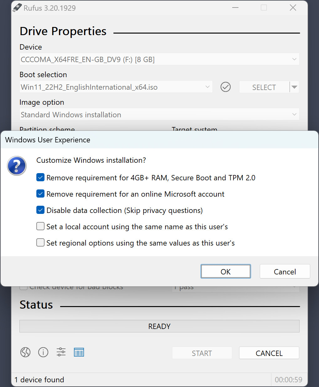 The Rufus user experience options menu, showing customization settings for Windows installation, including compatibility bypass.
