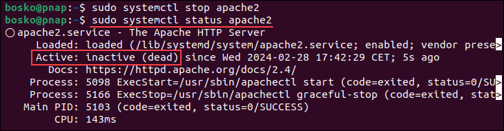 Checking Apache status after stopping the service in Ubuntu.