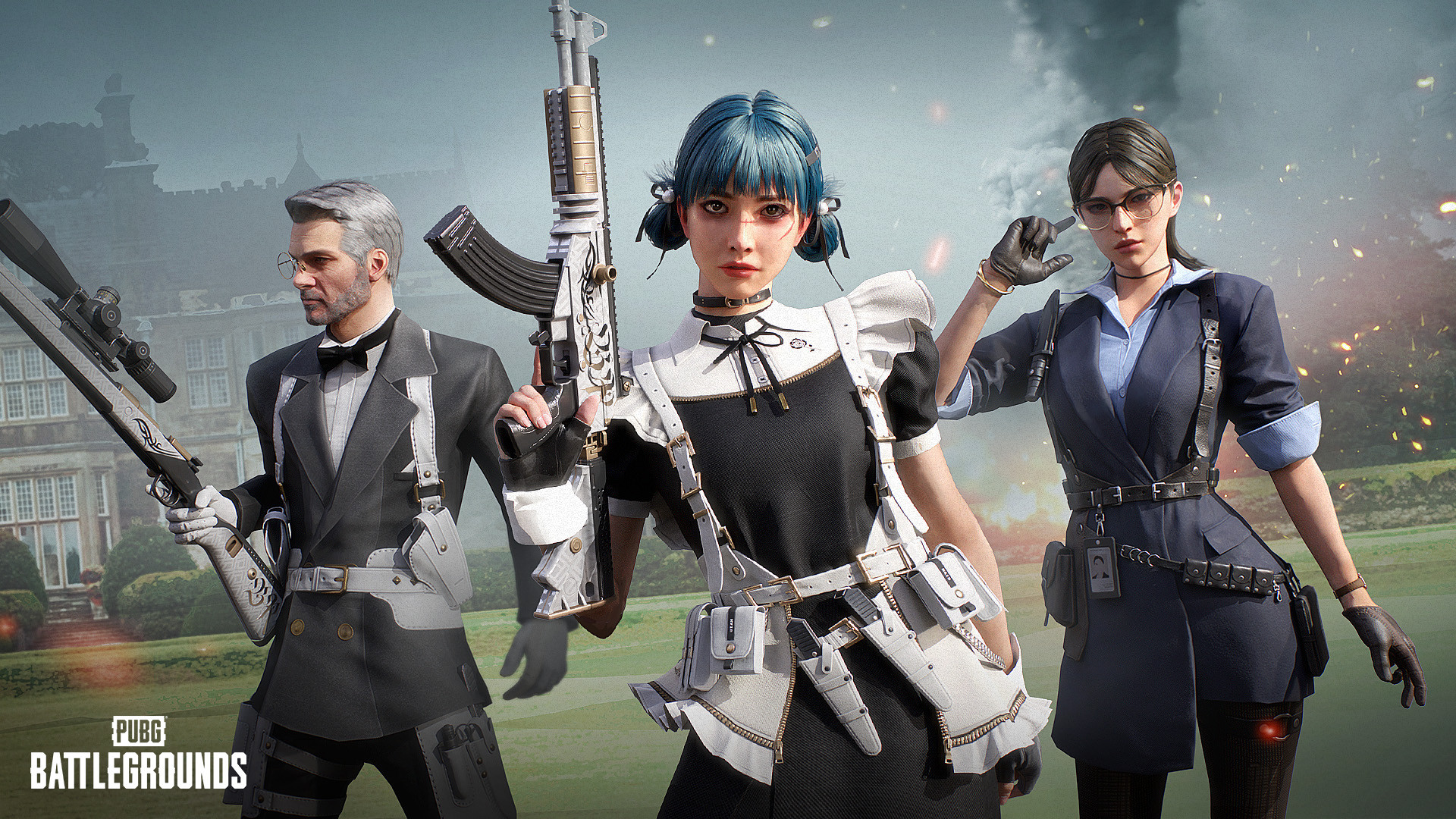 Promotional image for the At Your Service collection showcasing characters dressed in maid and butler outfits, emphasizing the detailed and formal attire available in this collection.