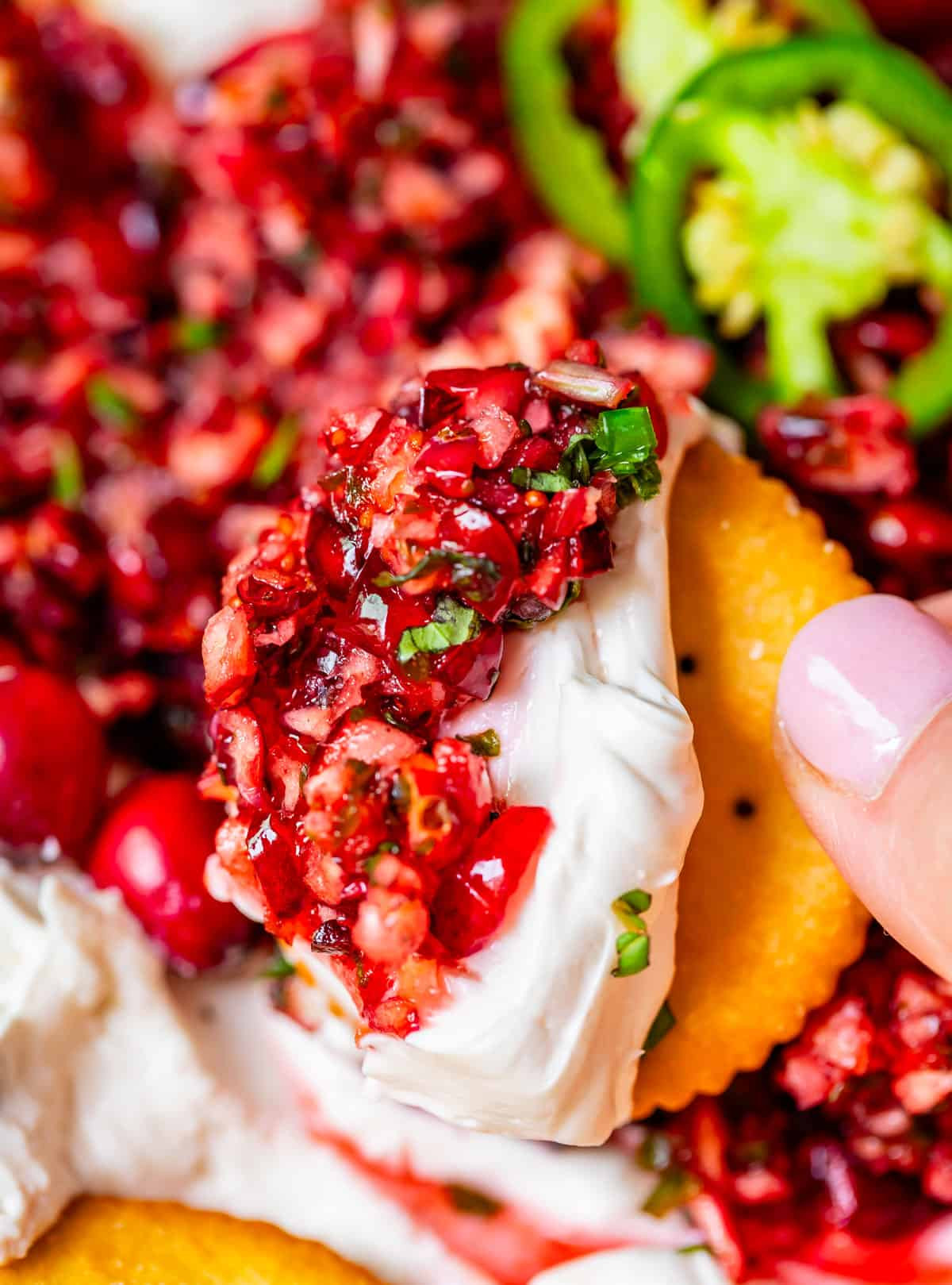 Cranberry Cream cheese dip on a Ritz cracker held up in someone